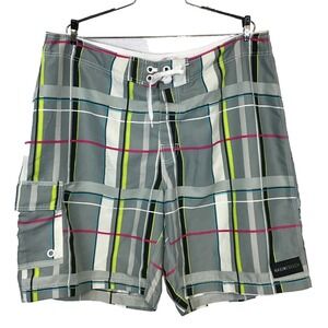 Nasimi Beach Mens XXL Plaid Board Shorts Grey Green Swim Trunks Cargo Pocket